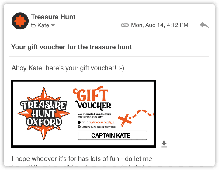 A screenshot of an email containing a digital gift voucher for Treasure Hunt Oxford.